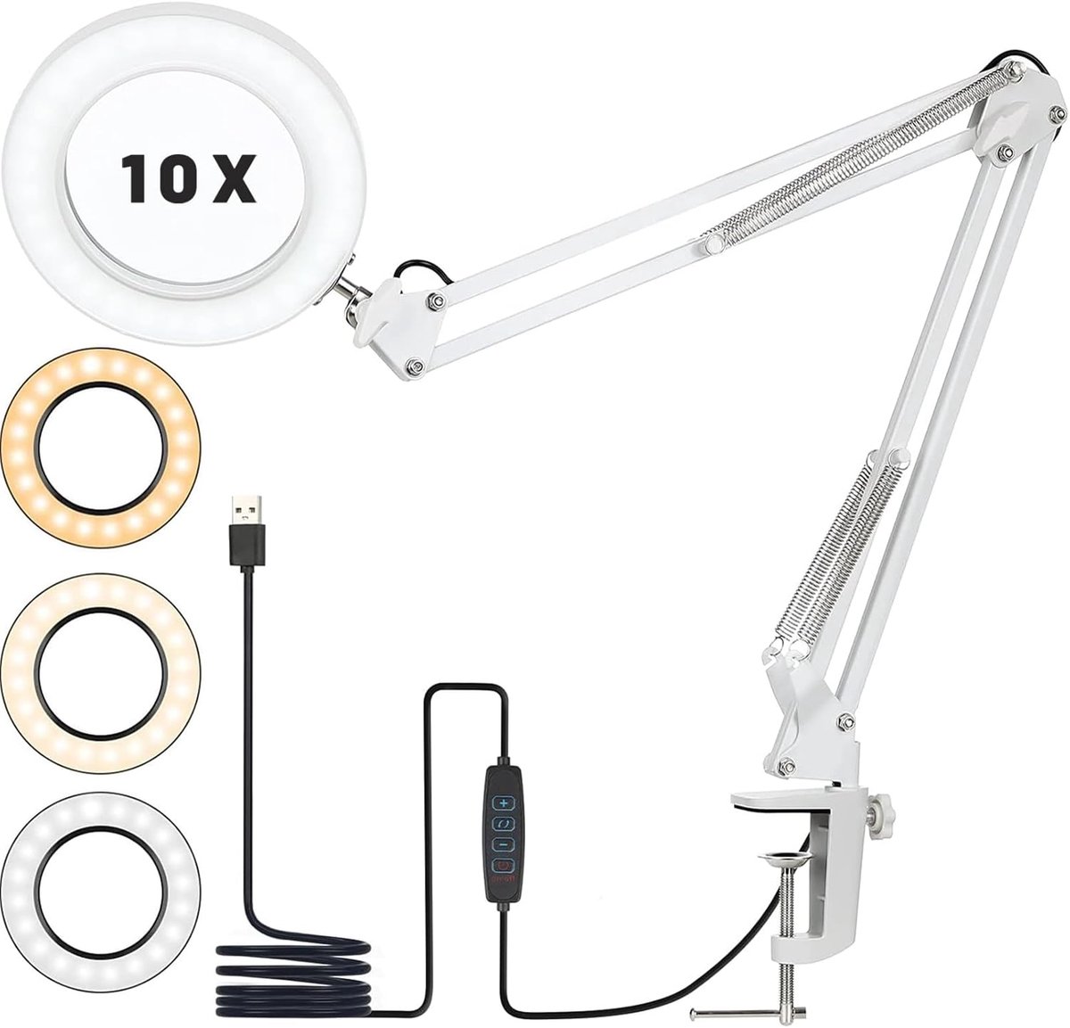 10 x vergrootglas met licht en standaard, vergrootlamp met 72 leds, 3 kleurmodi, dimbaar en 10 helderheidsniveaus, leeslamp, led-leeslamp met metalen klem, led-vergrootlamp voor handwerk, sieraden,