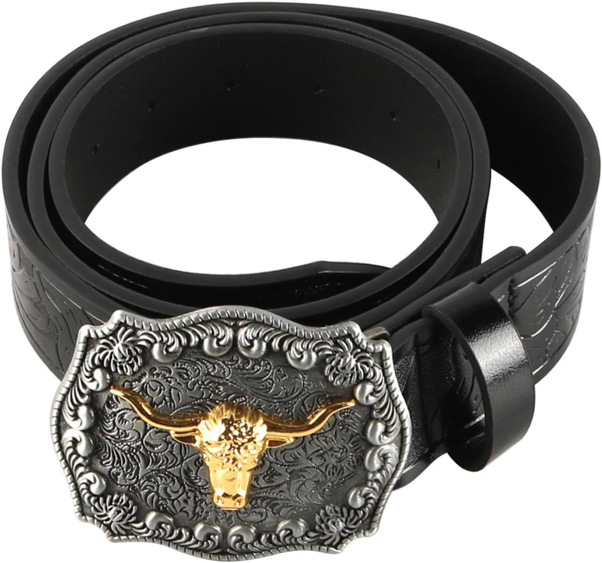 Cowboy Riem Heren Retro Riem Antiek Zilveren Stierkop Riem Persoonlijkheidsprint Riem (47,3 Inch Lang)