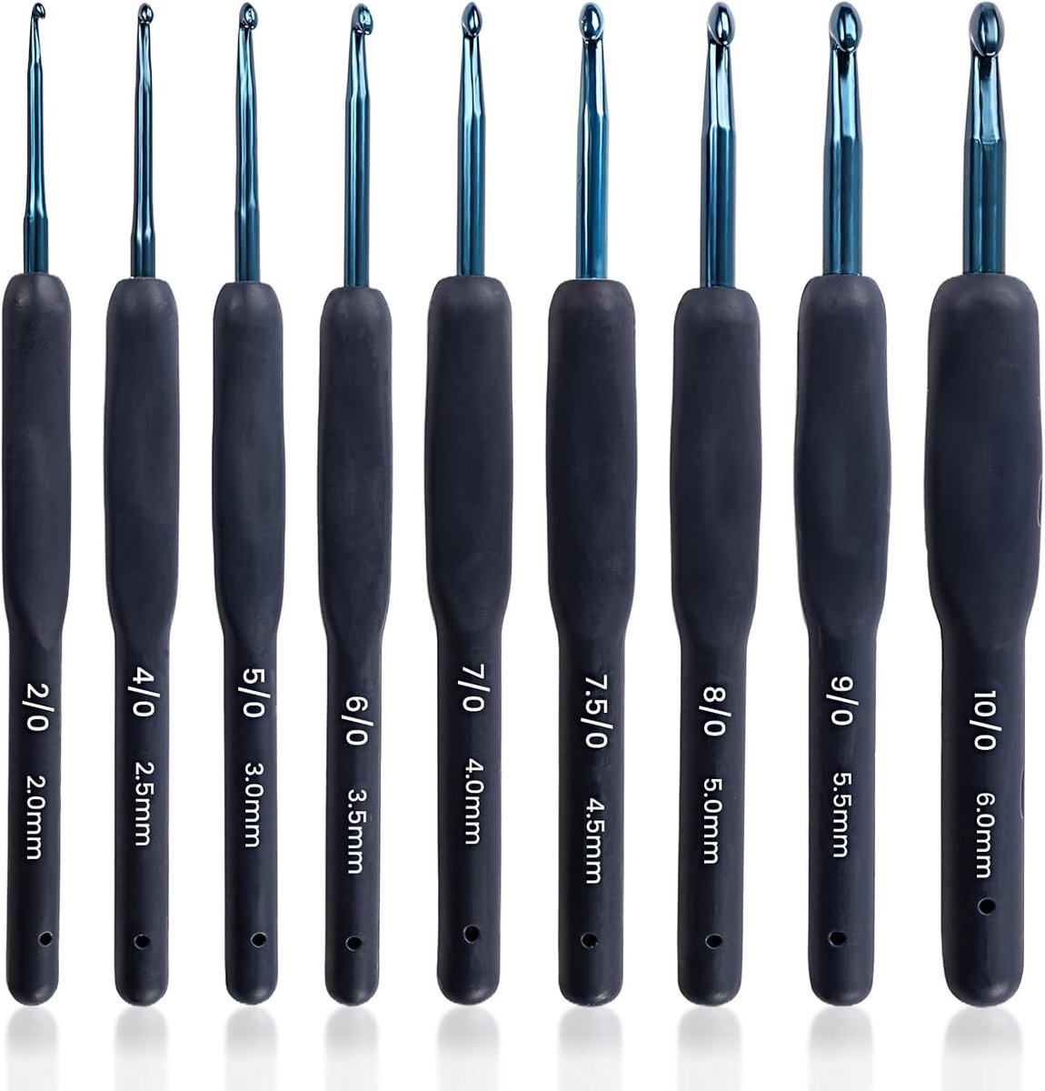 Haaknaaldenset,9 Stuks Vintage Zwarte Haaknaaldenset 2,0mm-6,0mm,Ergonomische Haaknaalden met Licht Kunststof Handvat voor Artritische Lichte Aluminium haaknaaldensets