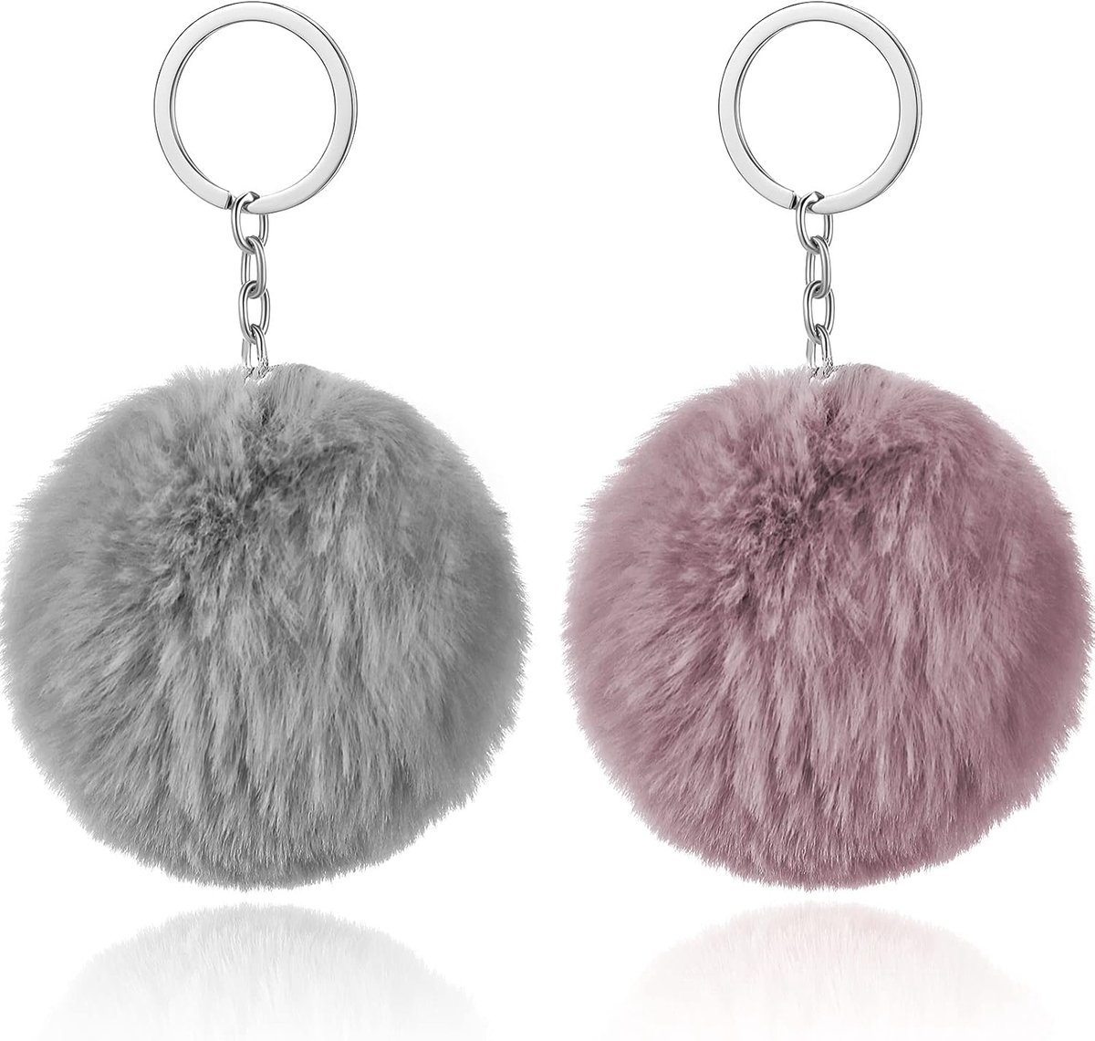 2 stuks sleutelhangers met pompons, pluizige pompons, ornament van zacht pluche, hanger voor dames, meisjes en vrouwen, grijs, cameo-bruin, como se muestra en la imagen