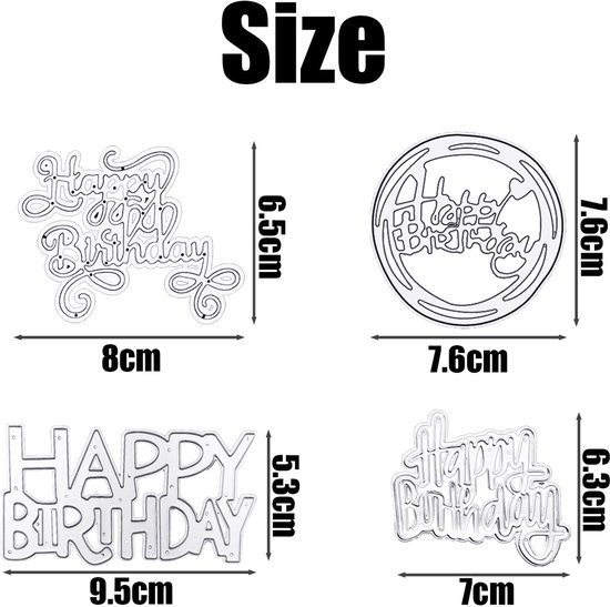 4 stuks Happy Birthday-stans, Happy Birthday-stansmachine, reliëfmeter, doe-het-zelf kaartenproductiestands, metalen stansen — afbeelding 5