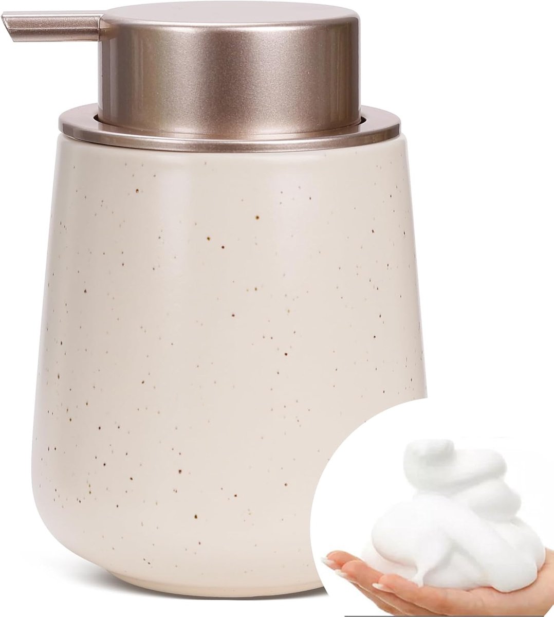 Zeepdispenser, beige, afwasmiddeldispenser, navulbare keramiek, 350 ml, grote pompkop voor gemakkelijk indrukken, geschikt voor kinderen, handzeep, afwasmiddel, schuim, douchegel, keuken,