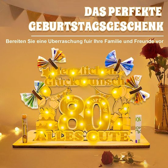 Verjaardagsdecoratie voor vrouwen en mannen, geldgeschenken voor verjaardag, houten bord, gastenboek, cadeaus voor de 80ste verjaardag, met led-lichtsnoer, gepersonaliseerd cadeau, 80ste — afbeelding 3