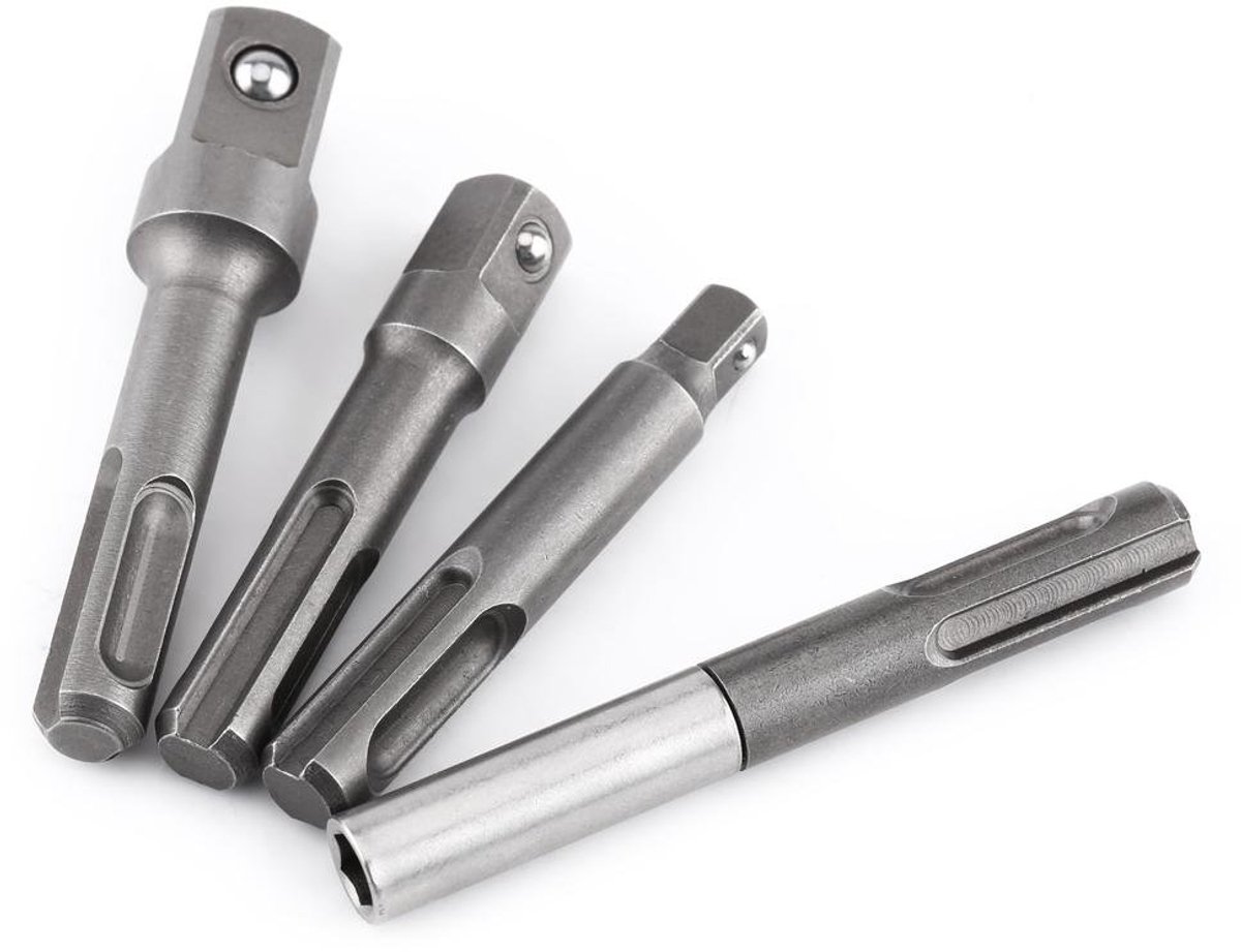 verlengstuk, bithouder SDS Plus schacht tot 1/4 inch zeskant-sokkeladapter + 1/4", 3/8", 1/2" vierkante boorhouder verlengstuk connector, met high-performance constructie, 4 stuks