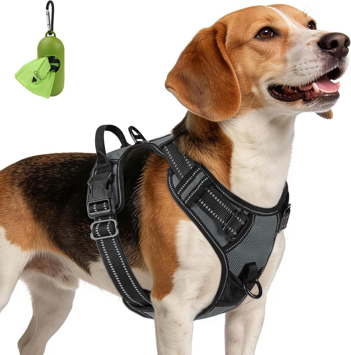 Hondenharnas Medium Geen Trek Harnas voor Honden met 2 Riemclips, Verstelbaar Zacht Gevoerd Hondenharnas Reflecterend met Gemakkelijke Controle Handgreep voor Wandelen en Training, Grijs, M