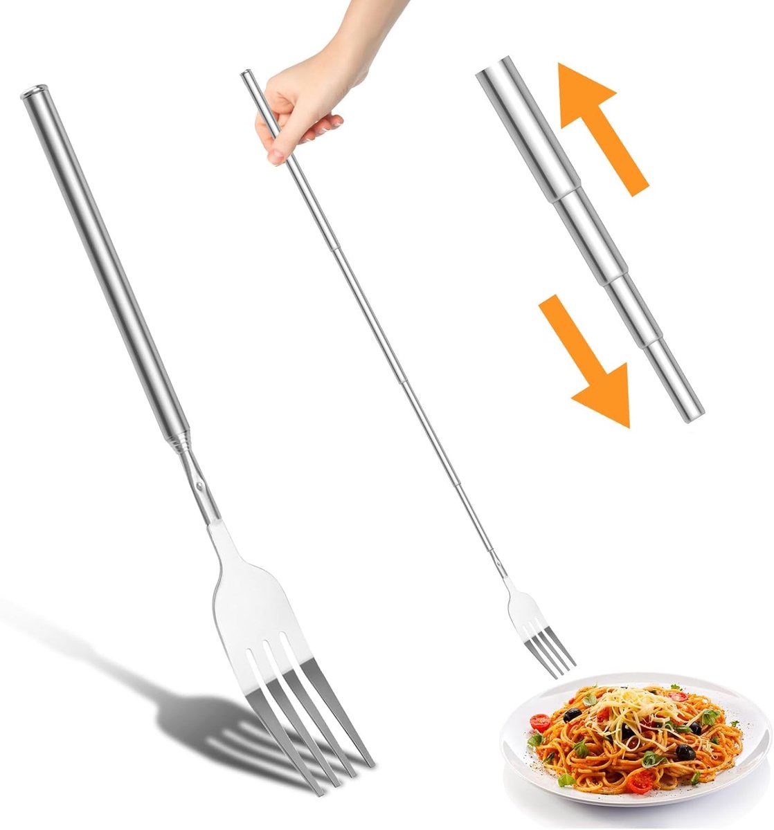 telescopische vork uittrekbaar 64,6 cm – van roestvrij staal, lange verlengvorken voor het eten, fruit-dessertvork 20,6 - 64,4 cm