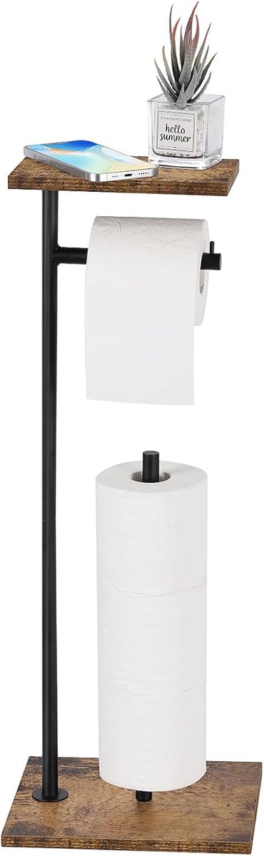 smusei Toiletpapierhouder Vrijstaand met Opslagplank Geen Boren Rol Papier Stand Houten Borad