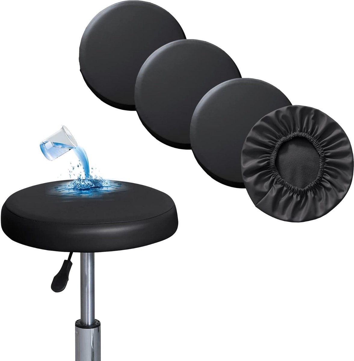 Krukhoes, rond, 4 stuks, waterdichte hoes voor barkrukken, stoelhoezen, PU-zitkussen, bureaustoel, kruk, overtrek voor eetkamerstoelen, ronde krukken