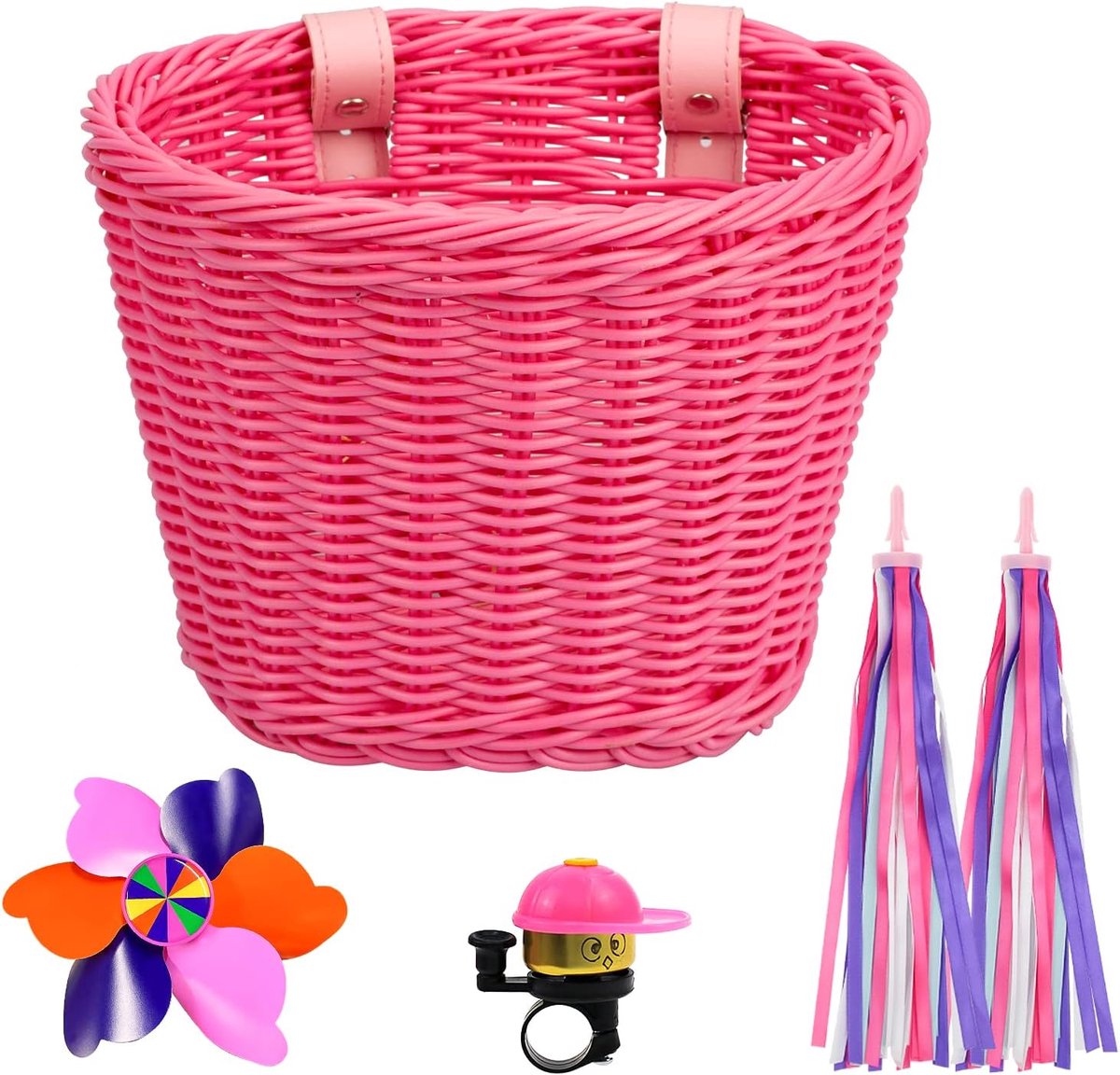 Fietsmand voor kinderen, decoratie, kinderfietsmand, kinderen, meisjes, met fietsbel en kinderen, fietsbanden, kwastje voor fietsaccessoires, meisjes en jongens
