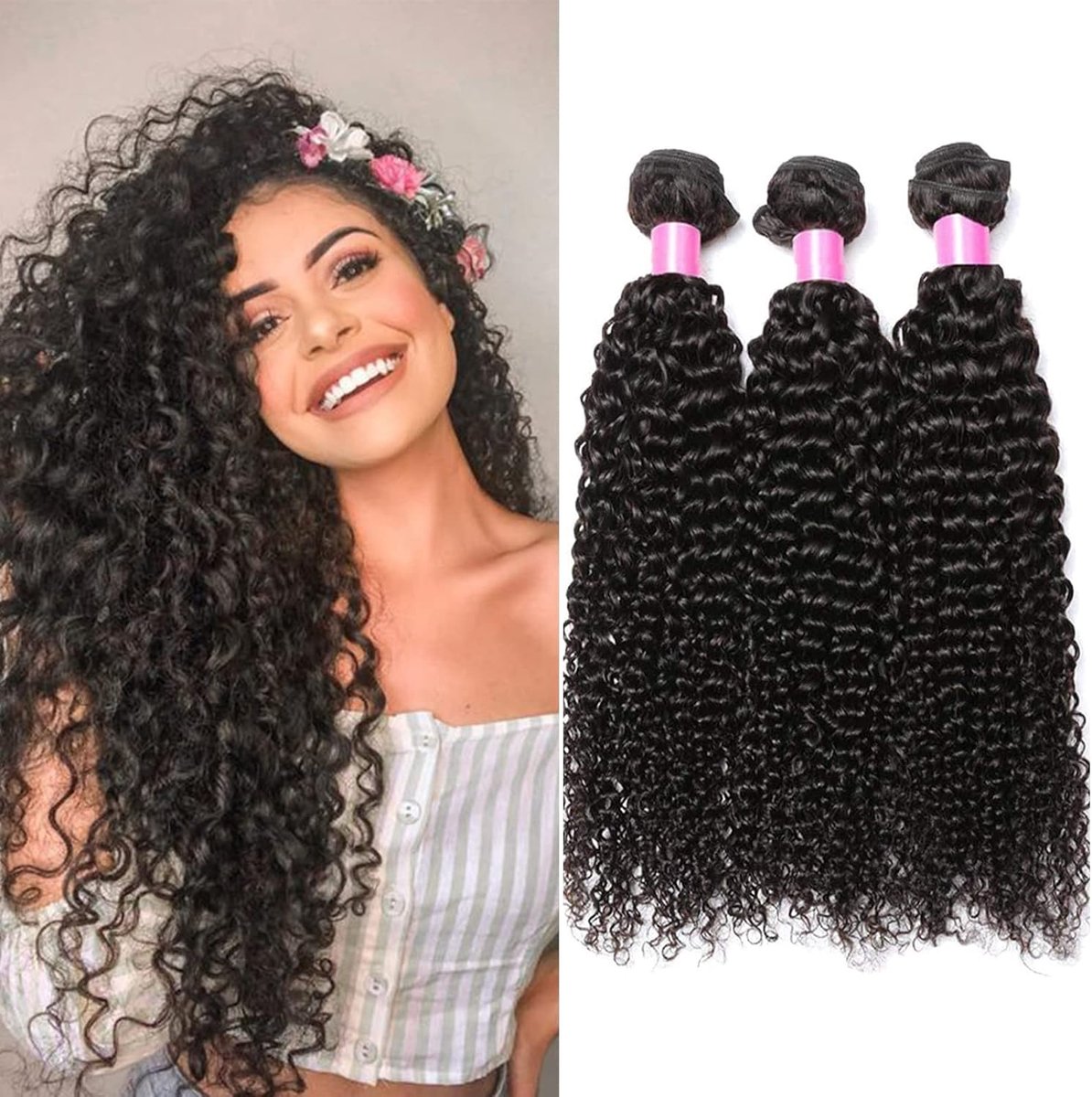 - 3 Braziliaanse haarbundels,Deep Curly,50g/bundel, 150 g in totaal,24 inch(60.96cm), echt haar, steil, haarverlenging 8A