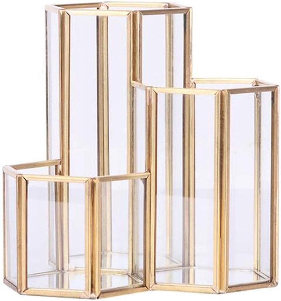 make-upborstelhouder met 3 transparante koperen buizen, zeshoekige cosmeticahouder opbergdoos voor cosmeticaaccessoires, bureau-organizer voor dressoir, kaptafel, aanrecht, kantoor