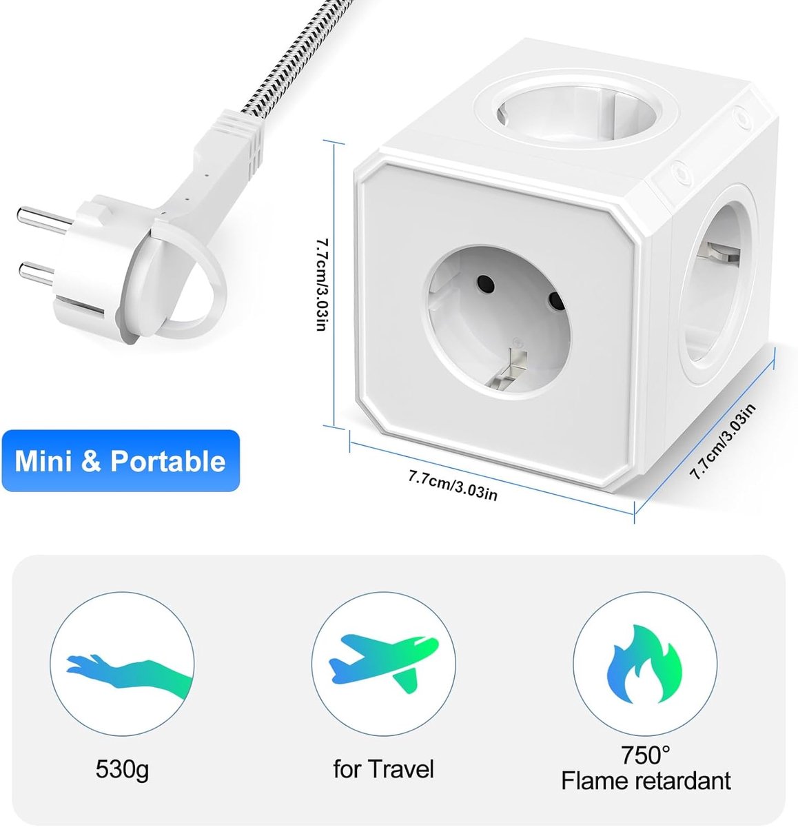 SnelShoppen - Stekkerkubus met Platte Stekker, 5-in-1 Meervoudige Stekkerdoos Cube, 250 V/16 A, 3 m Gevlochten Kabel, Wit, Ideaal voor Thuis en Kantoo