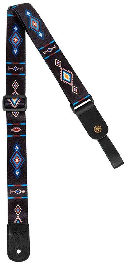 Zwarte gitaarband met multicolor Navajo-patroon, zwarte lederen uiteinden en gesp.