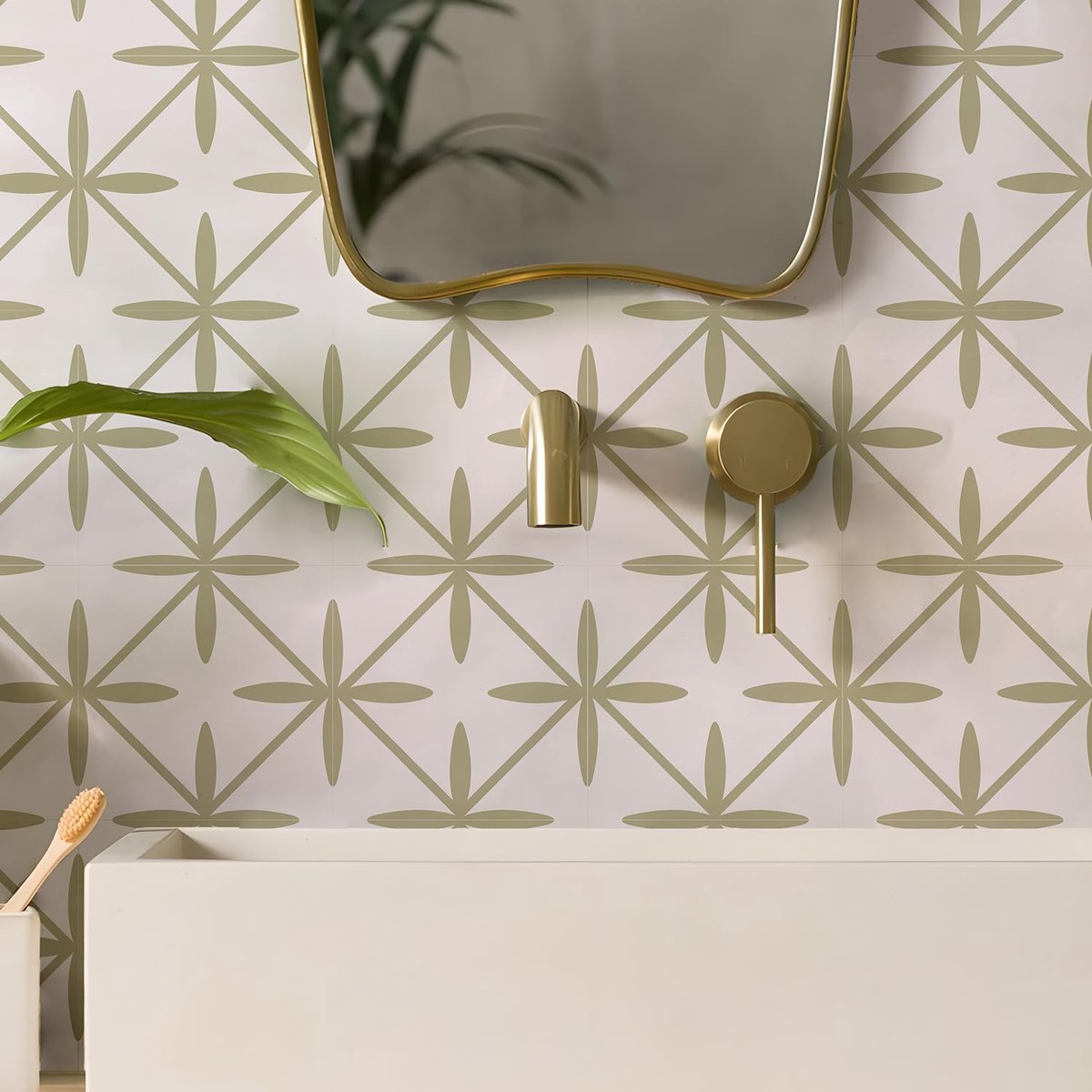 Tegelsticker, saliegroene en witte bloem, zelfklevende plaktegels, sticker voor badkamer, keuken, spatwand, folie losmaken en aanbrengen, wandsticker van vinyl, 10 stuks x 20 cm