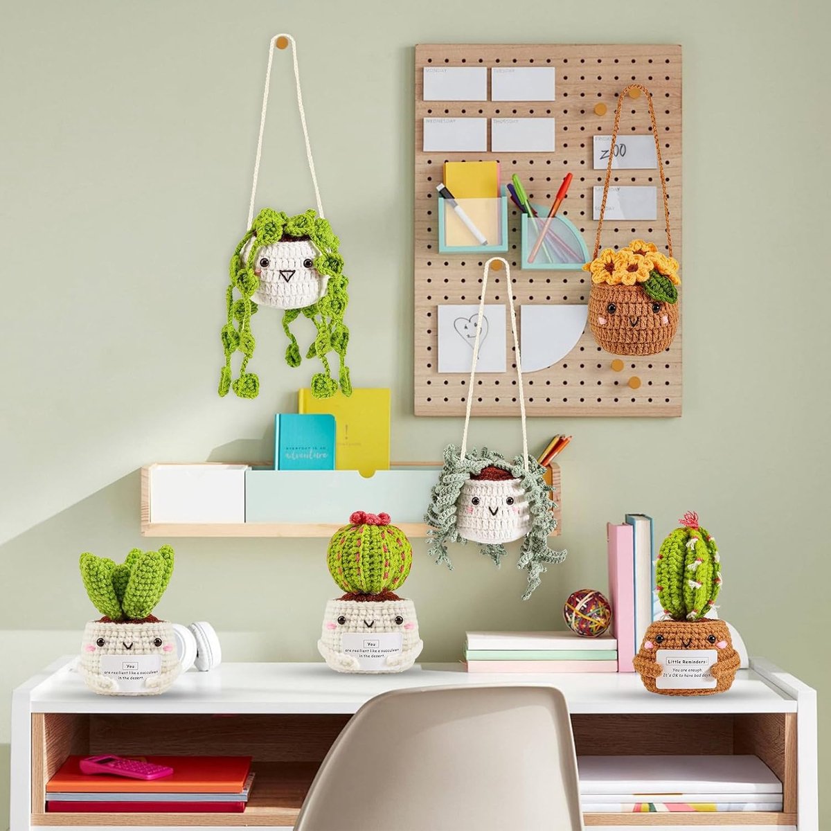 Haakset voor beginners, 6 stuks hangende potplanten, gehaakte starterset, gehaakte garenset voor volwassenen met stapsgewijze video-instructies voor decoratief huis, doe-het-zelf