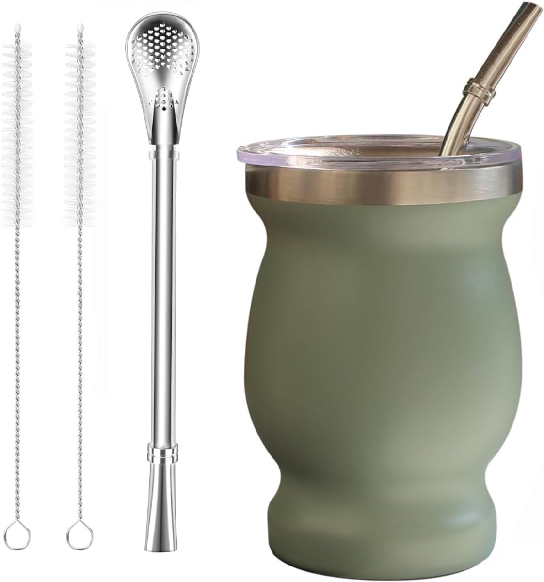 Bombilla Yerba Mate Kalebas, 226 ml roestvrijstalen theekop set met multifunctioneel deksel, twee rietjes en reinigingsborstels, dubbelwandige koffiemok warmte-isolatie, anti-verbranding