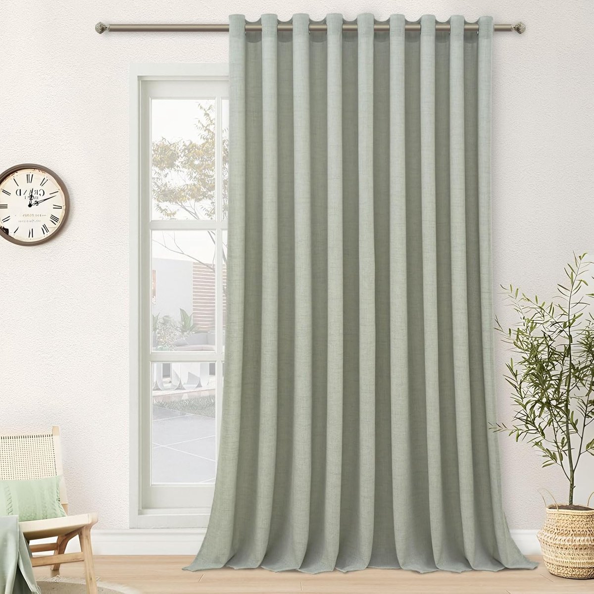 Gordijnen voor woonkamer saliegroen halftransparant voor grote ramen, gordijnen met inslagringen linnenlook 240 cm lang, gordijn sjaal linnen 300 cm extra breed, 1 stuk, Gordijnen Woonkamer