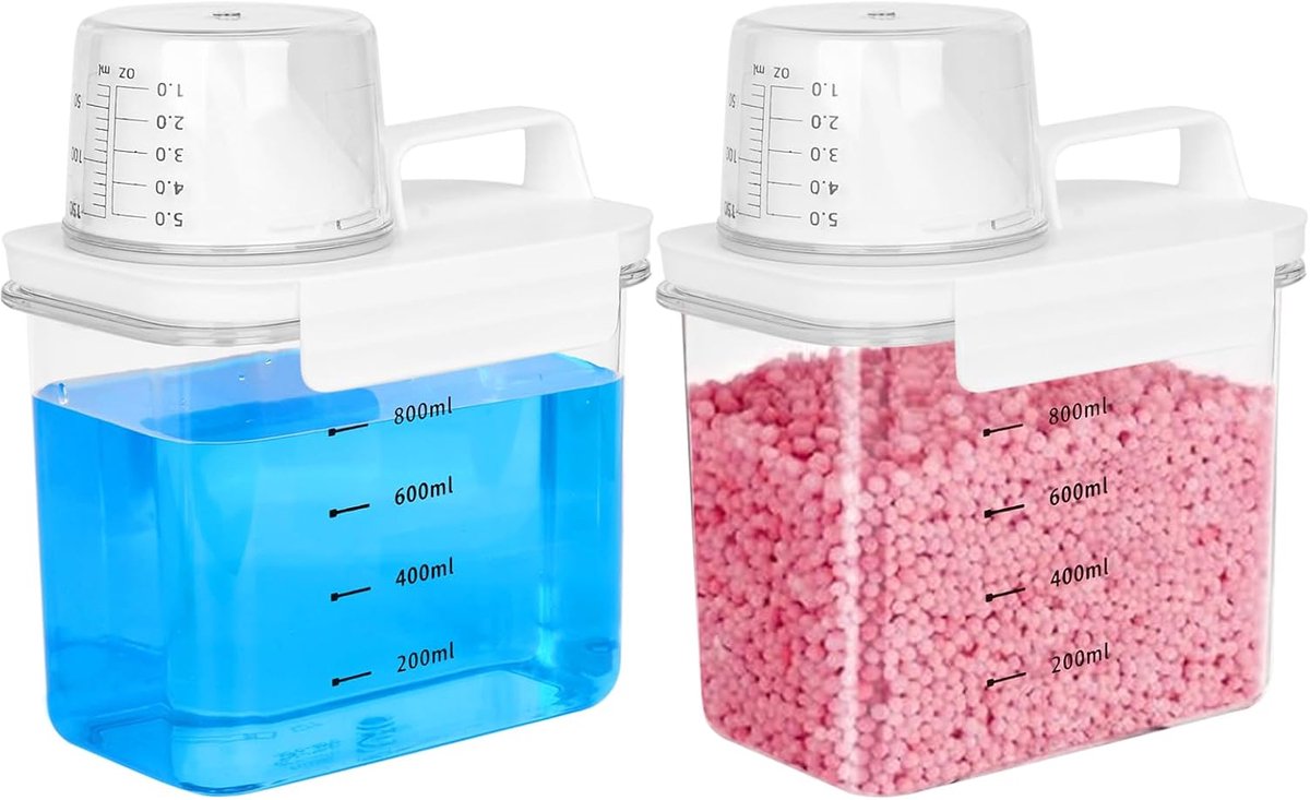 2 Stuks Wasmiddelopslag met Maatbeker, 1100 ml Waspoeder-Opbergdoos, Luchtdicht Wasmiddel, Doseerhulp, Wasmiddelbox Voor Wasverzachter Waspoeder