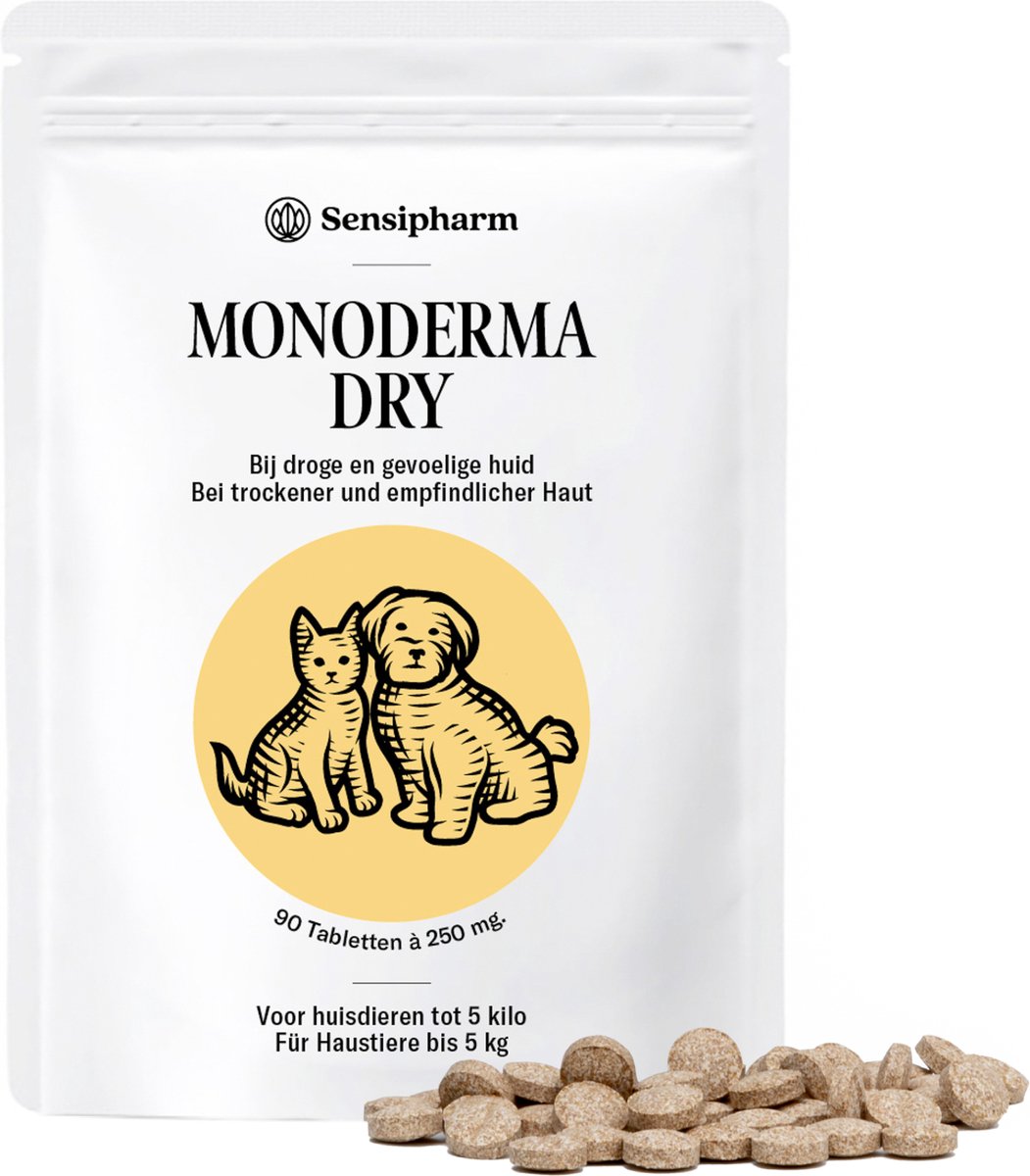 Sensipharm® Monoderma Dry 250 mg Kat & Hond - Anti Jeuk - Droge Huid & Vacht Supplement - 90 Tabl.