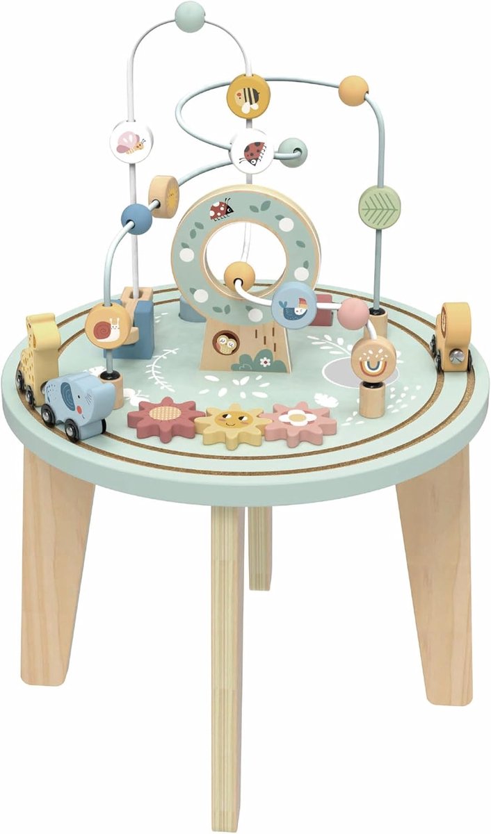 Houten Activiteitentafel voor Peuters | Educatieve Speeltafel met Kralenbaan, Tandwielen & Trein – Montessori Speelgoed voor Kinderen