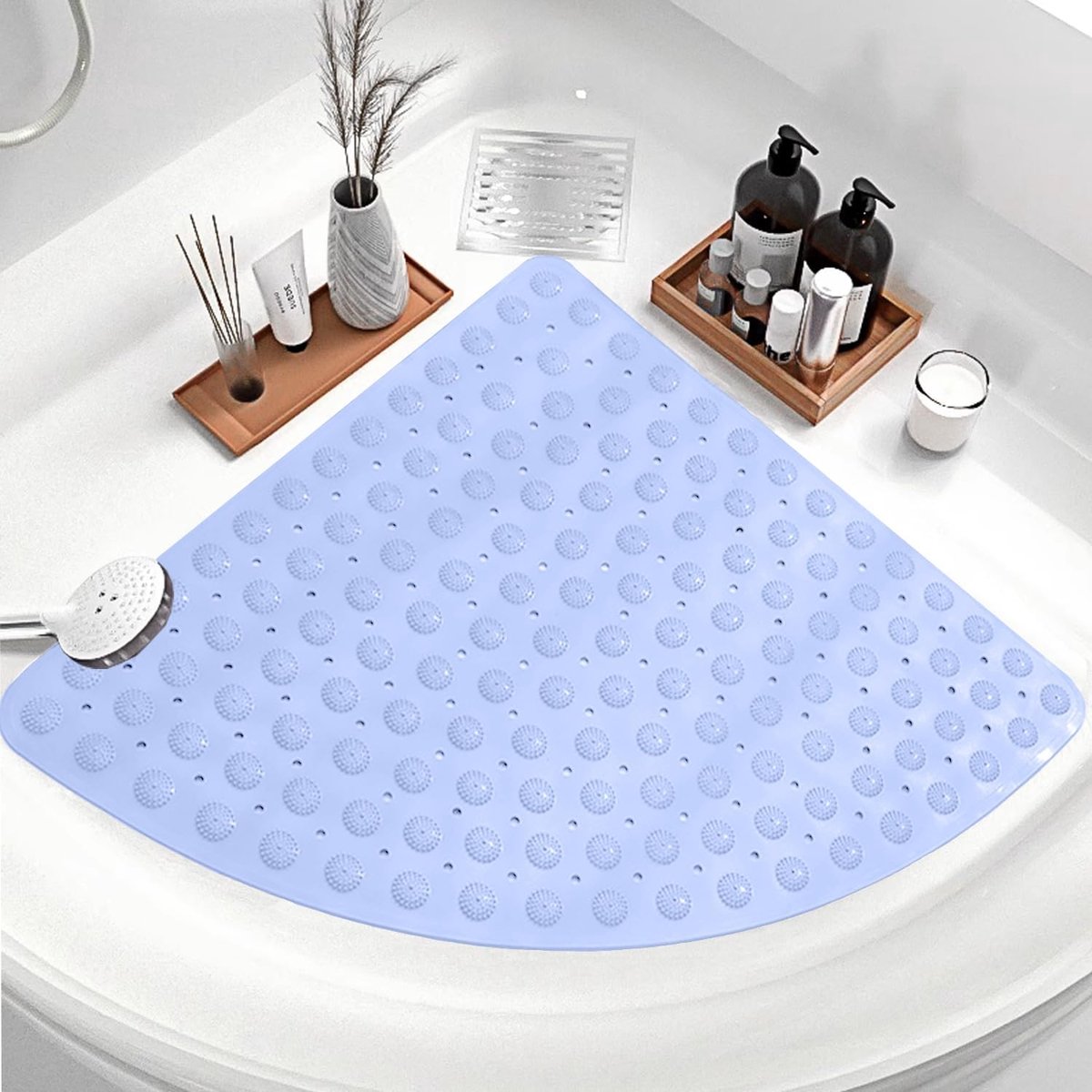 antislip,65 x 65 cm grote badmat antislip antislip antischimmel, gebogen douchematten voor binnen douche met afvoergat massage, machinewasbaar antibacterieel (blauw)