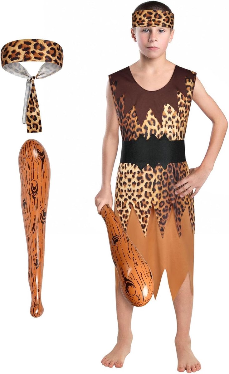 wilde grotoutfit met steentijdthema voor kinderen, Halloween, cosplay, verkleedjurk, luipaardprint, riem, hoofddoek, opblaasbare stok