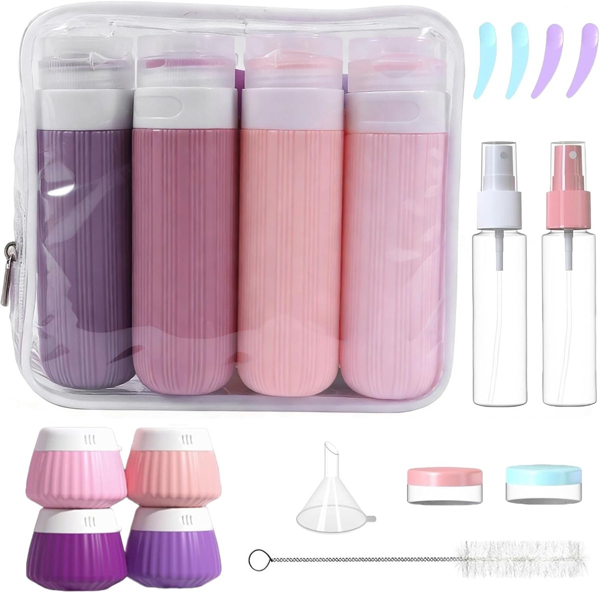 Set van 18 Siliconen Reisflessen, Herbruikbare, Om Te Vullen, Lekvrije Flessen, met Etiketten, Ideaal voor Reizen, voor Shampoo, Lotion, Douchegel, Haarconditioner (Paars)