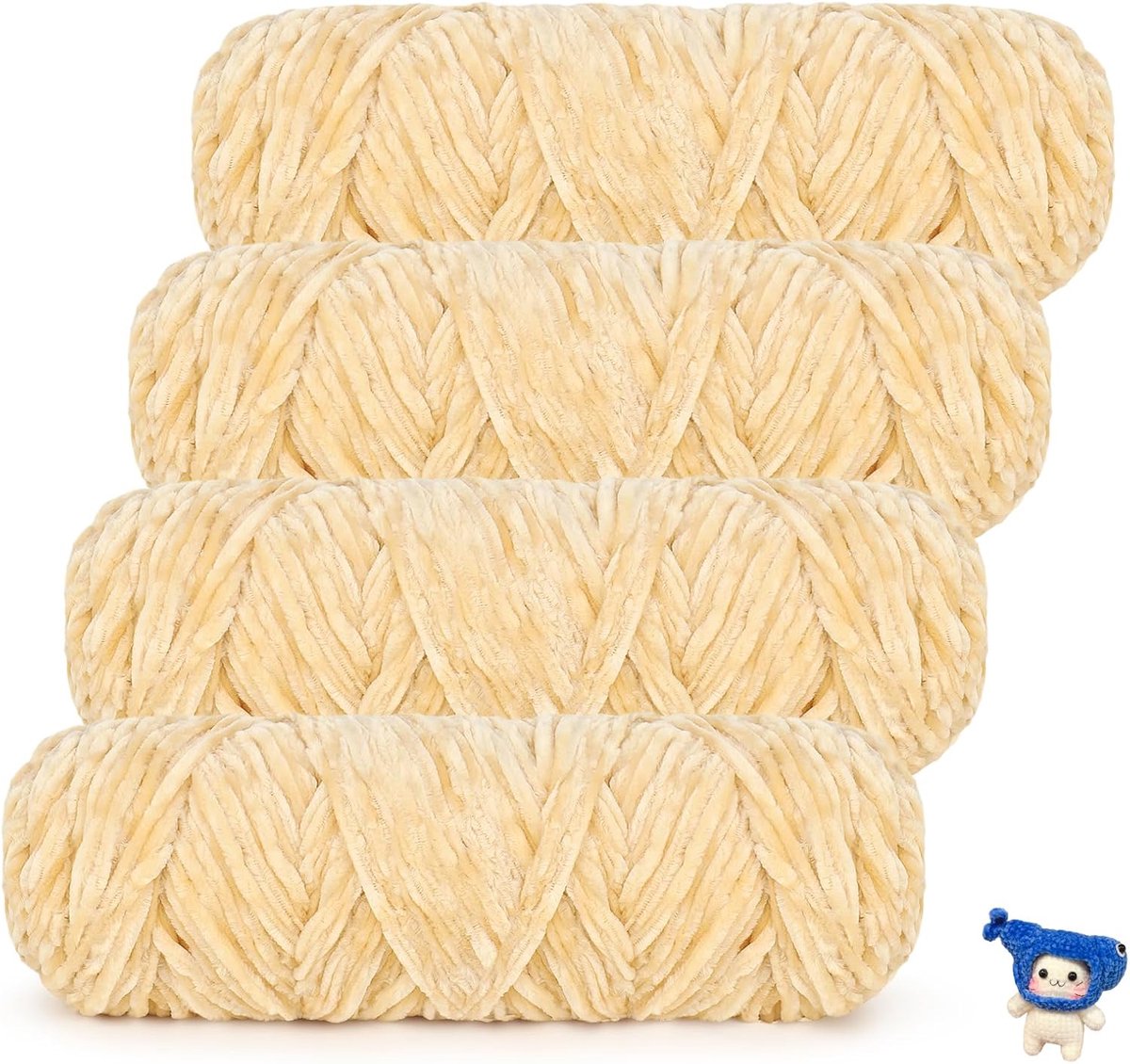 Fluwelen chenillewol om te haken, 400 g, 4 x 100 g, fluwelen chenillegaren, super wollige dikke wol voor breien, zachte fluweelachtige chenillewol voor sjaal, deken, trui, beige