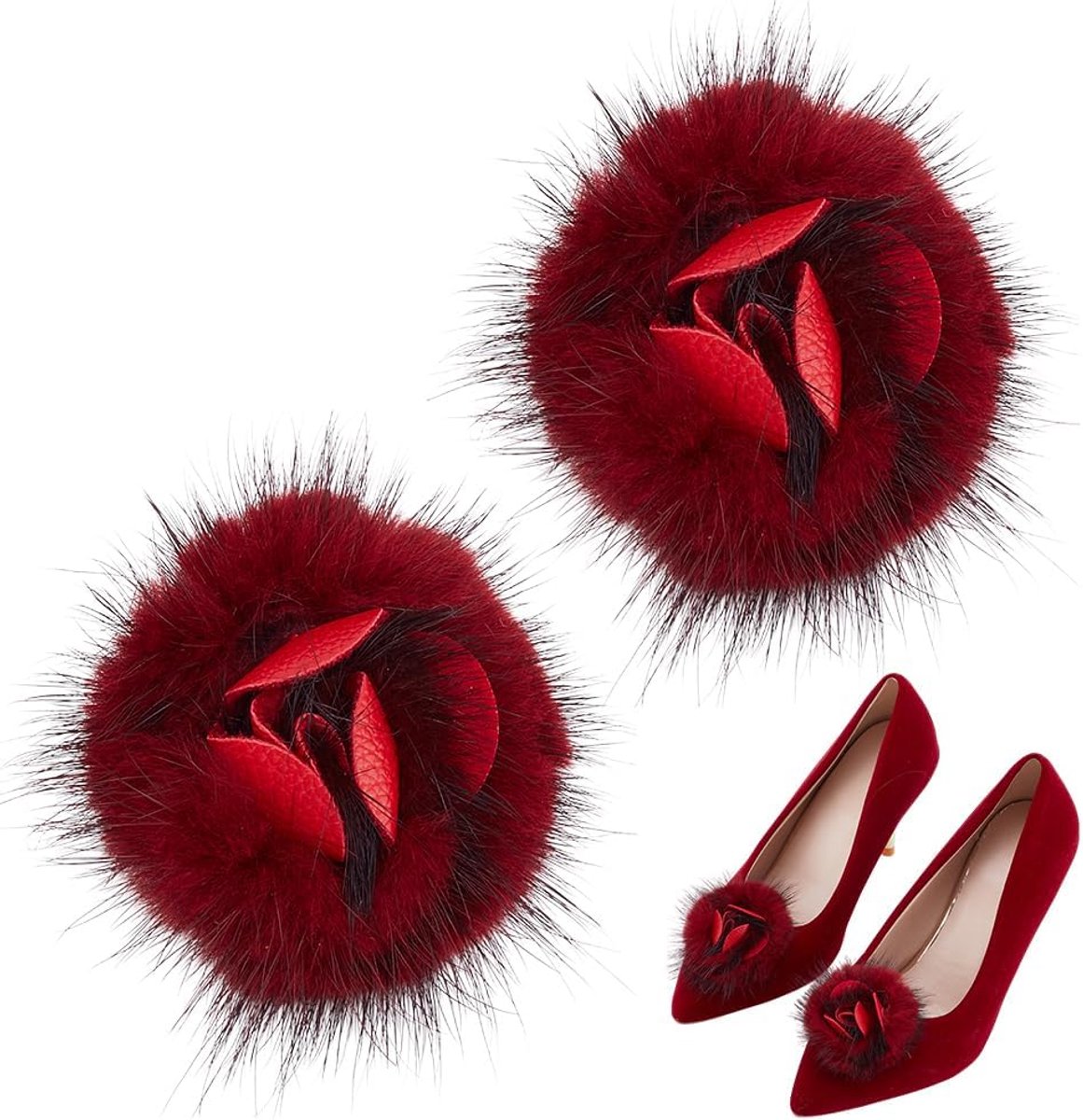 PandaHall 2 stuks pompoms schoenclips, pluizige schoenclips van imitatiebont pompon bal met bloem schoen bedels decoratie hoge hakken schoenklemmen pompons schoengespen voor schoenen hoeden