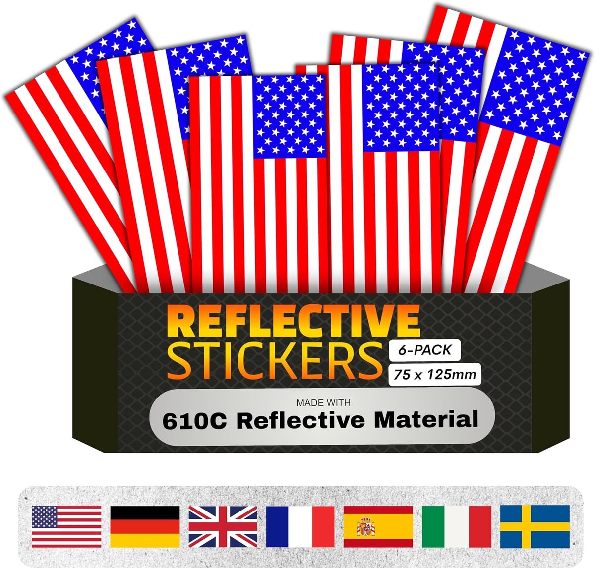 12899/ASTM D4956 Reflecterende Vlagsticker, Waterdicht, Kindermotorfiets, Fiets, Zelfklevend, Vrachtwagenaanhanger, Auto, 610C Materiaal (USA Flagge, 75X125mm, Set-6)