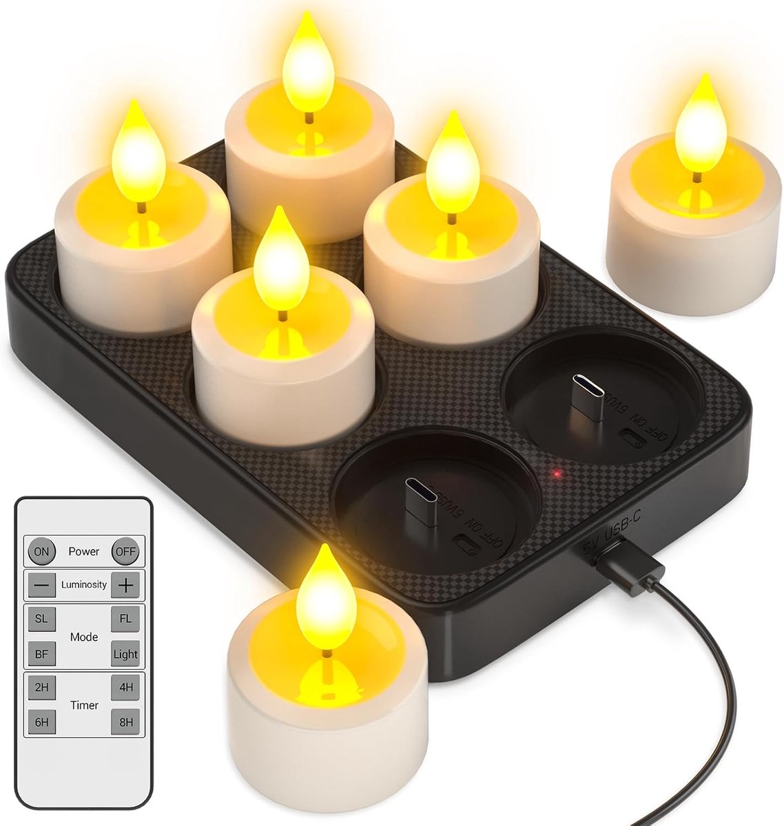 Oplaadbare Theelichtjes Kaarsen met Laadstation, 6-delige Batterij LED Vlamloze Afstandsbediening Theelicht Kaarsenset voor Kerst Halloween Tafeldecoraties Kamer Huis Herfst Slaapkamer Decor