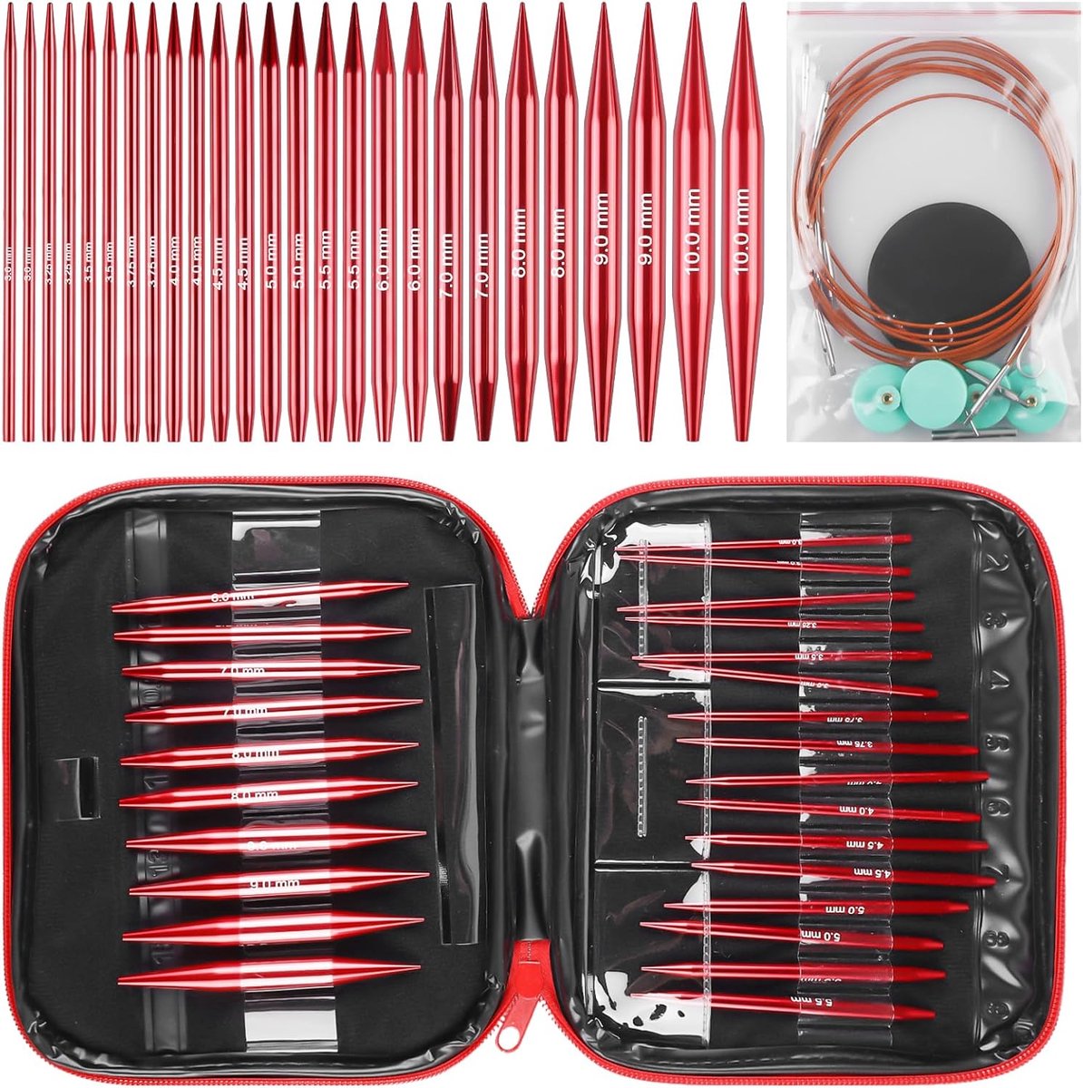 rondbreinaaldenset: 3,0-10,0 mm rondbreinaalden, verwisselbare breinaalden met tas, aluminium, ideaal voor breiprojecten, beginners en professionals, rood