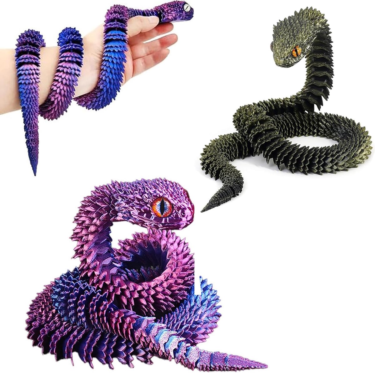 3D Bedrukt slangenspeelgoed, 3D-bedrukte dieren, speelgoed, flexibel, slangenfidget-speelgoed, nepslangen, speelgoed voor kinderen, autisme, ADHD, kantoor en woondecoraties (paars, zwart)