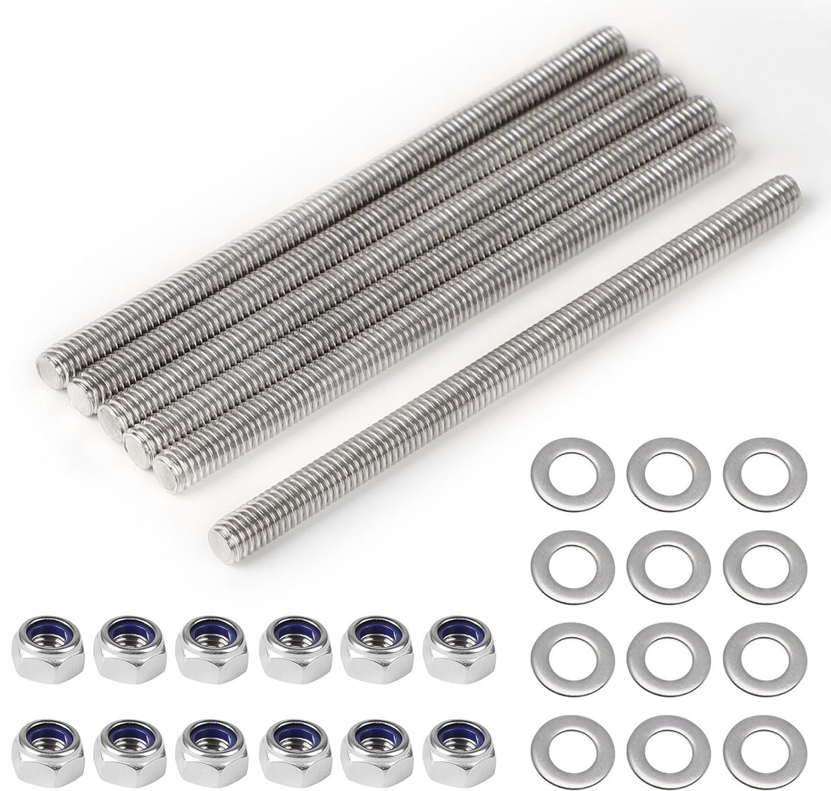 6 stuks schroefdraadstangen roestvrij staal M6 x 100 mm, volledige schroefdraadstang M6 met 12 zeskantmoeren en sluitringen, DIN 975, schroefdraadstang voor montage van meubels en industriële