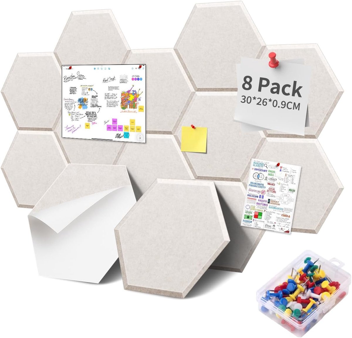 8 Stuks Hexagon Vilten Prikbord Kurkplaat, 30x26x0.9cm Zelfklevende Kurk Prikborden, Foto-Display-Tafel Wanddecoratie voor Foto's Memos, met 35 Pinnen, Lichtcamel