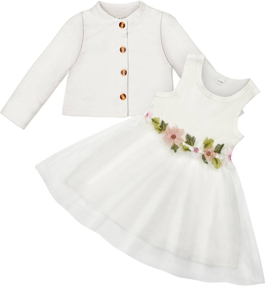 Jurk en vest voor babymeisjes, 2-delige mouwloze jurk met bloemenprint en jas met lange mouwen voor kleine meisjes, verjaardag, feest, bruiloft, vakantie