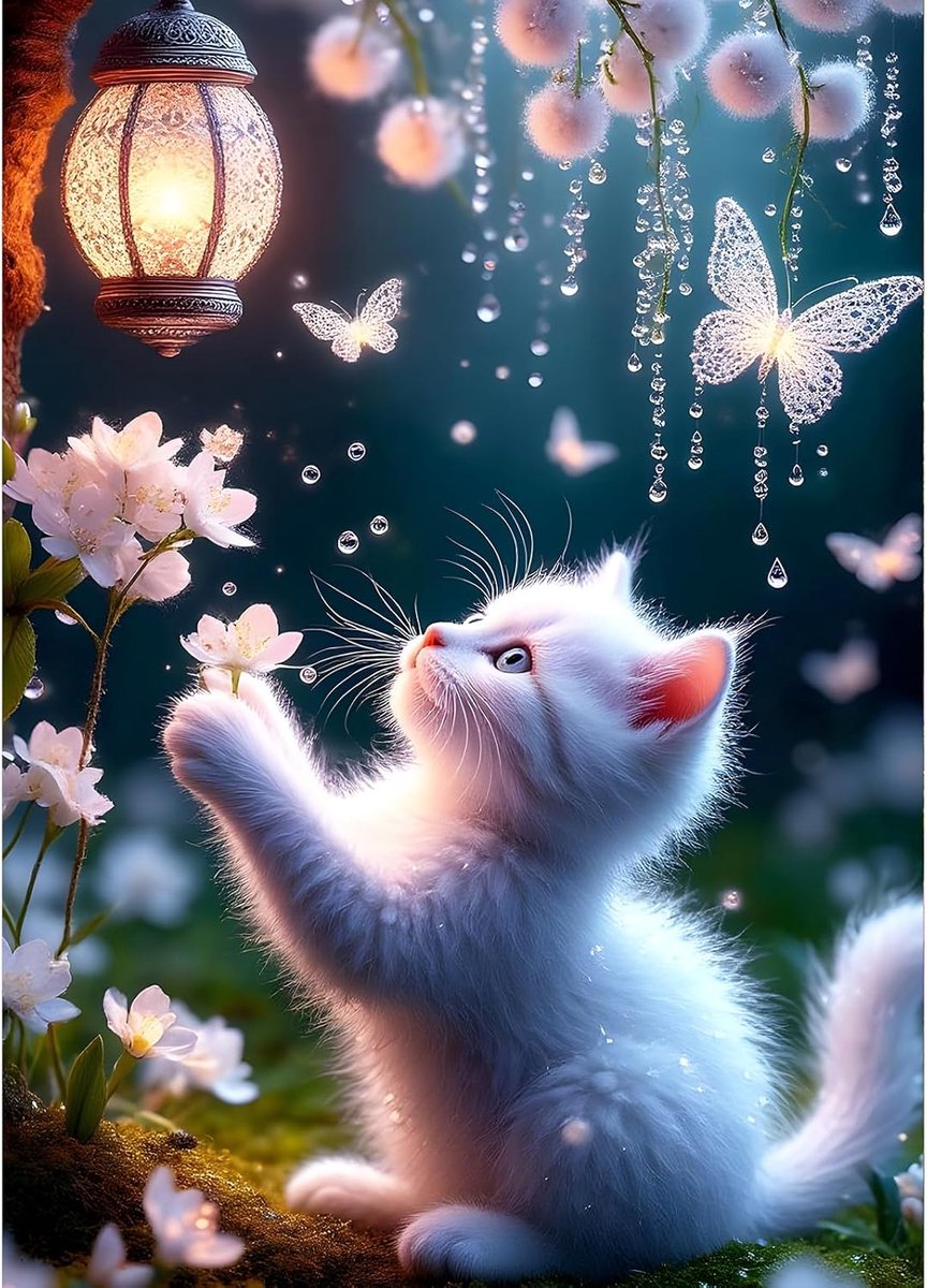 Doe-het-zelf Witte kat 5D Diamond Art Kits, ronde full drill sprankelende lantaarn, diamond painting schilderij, vlinders, bloemen schilderen op nummers, kunstkits voor volwassenen, beginners