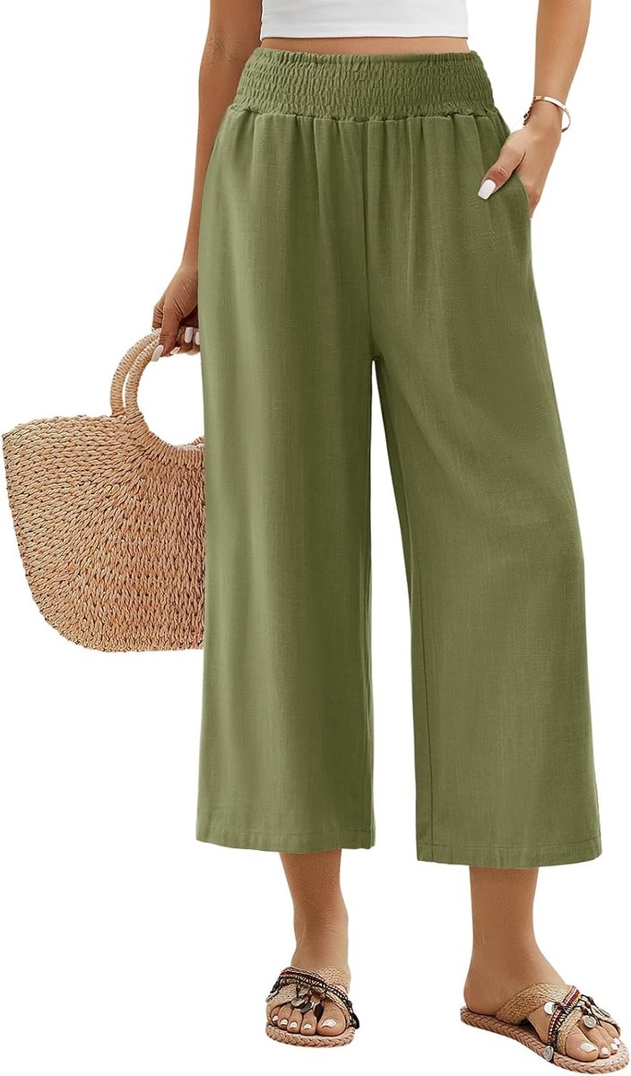 Linnen broek dames zomer 3/4 culotte lichte wijde linnen broek zomerbroek elastische hoge taille losse vrijetijdsbroek elegante lounge broek met zakken