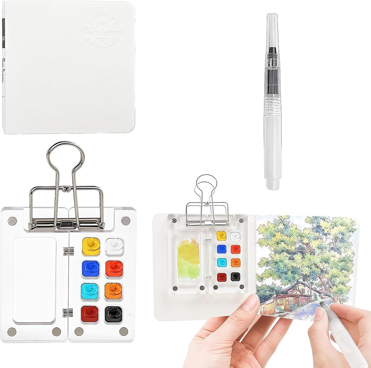 Aquarell Set – 3-delig mini aquarelset met transparant kleurenpalet, aquarelpenseel en schetsboek, compact reisschilderkunstset voor kunstenaars en beginners