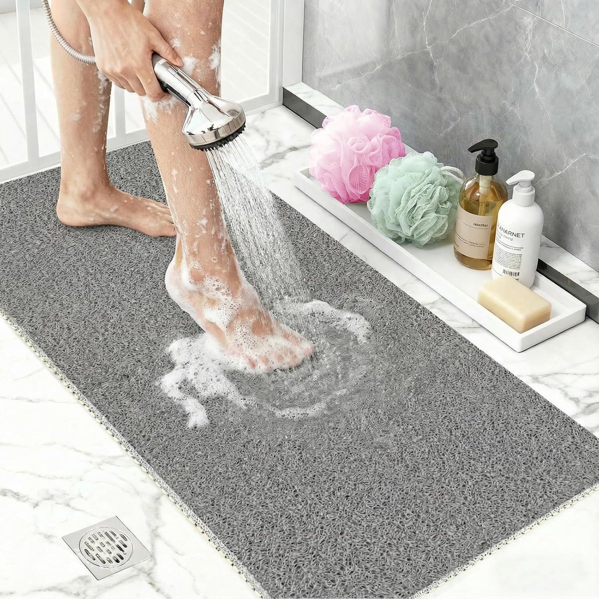 Douchemat Antislip Antischimmel met Loofah Textuur, 40x60cmZachte PVC Sneldrogende Badmat en Badkamermat, Wasbaar voor Binnendouche, Douchecabine en Bad Grijs