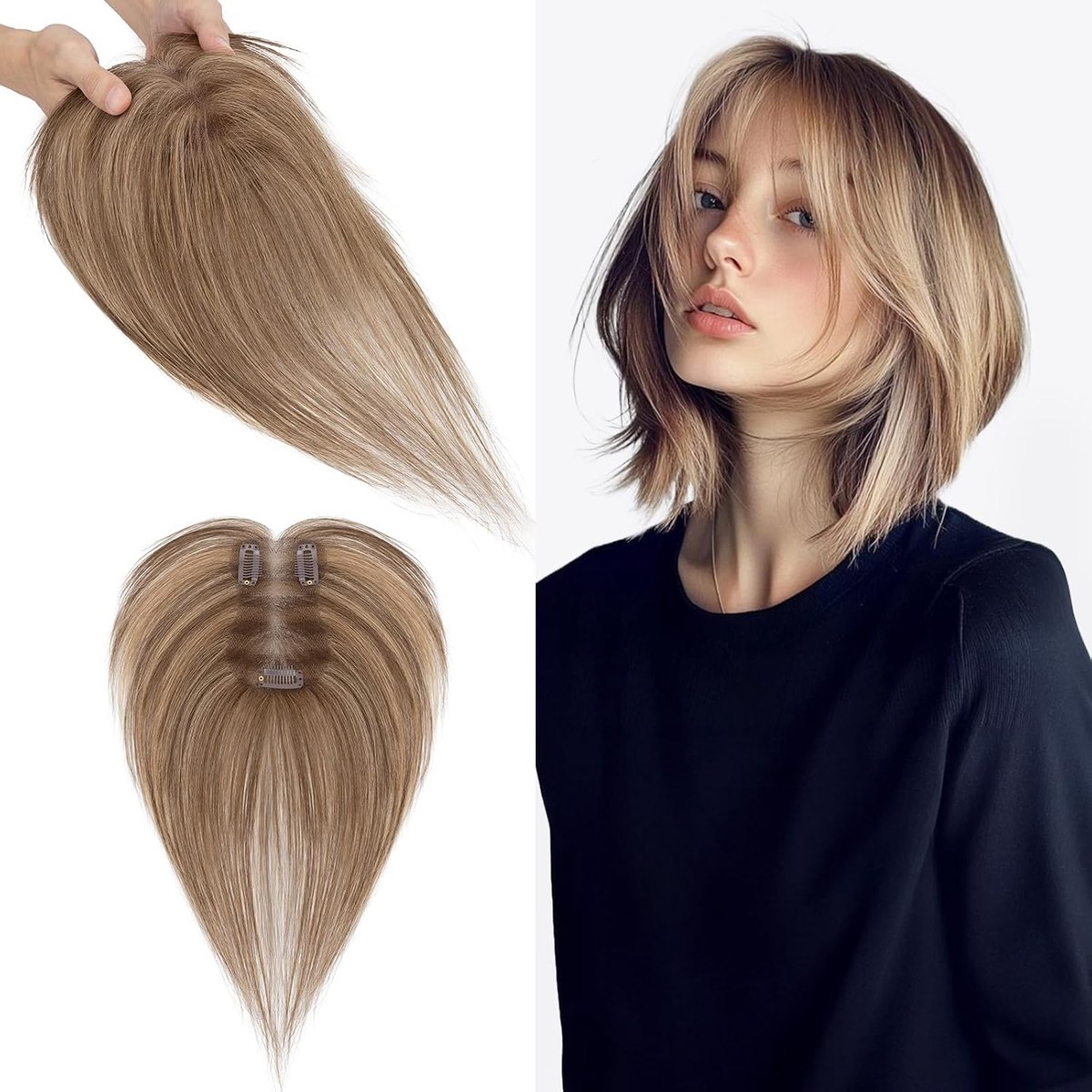 Echt Haar met Zijwaartse Pony, 14g Clip-in Remy Echt Haar Topper, Menselijk Haartje Topper voor Dames, 28CM Menselijk Haartje met 7x11CM Kant Basis, Chocoladebruin mix Donkerblond #4RP27R