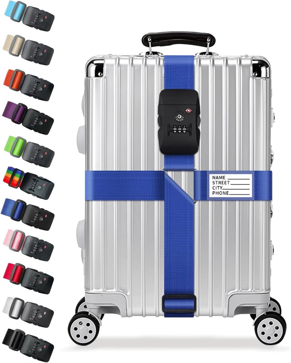 Crossbagagebanden met TSA-slot, verstelbare kofferriemen voor bagage van 50–81 cm, stevige reisriemen met 3-cijferig combinatieslot en naam-ID-tags, veilige reisaccessoires (blauw)