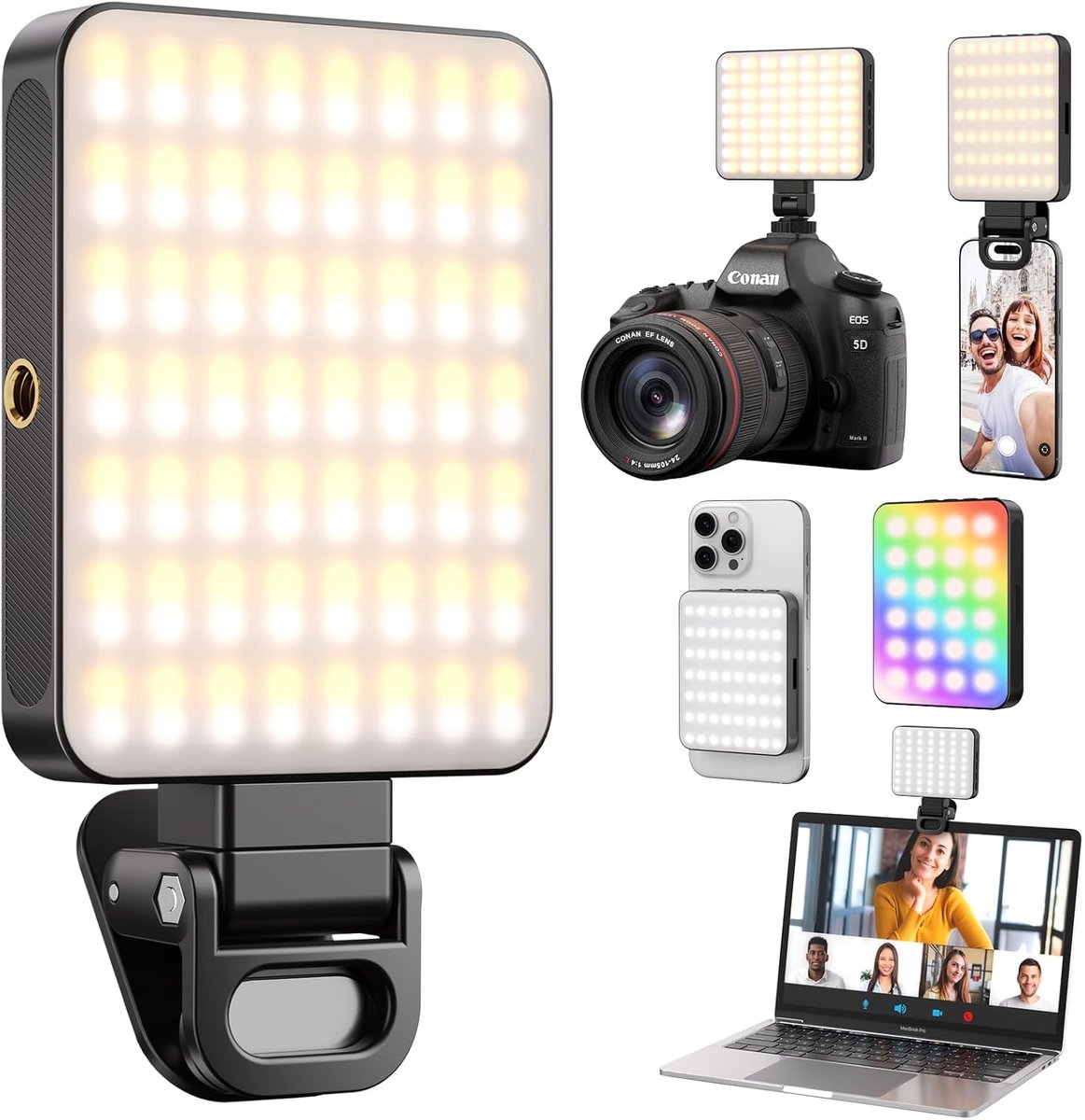 Lumiere Selfie-telefoon, 128 LEDS, RGB-Modus | Selfielamp 3000-6500 K 8 kleuren, met instelbare helderheid, oplaadbaar via USB, voor telefoon, camera, computer