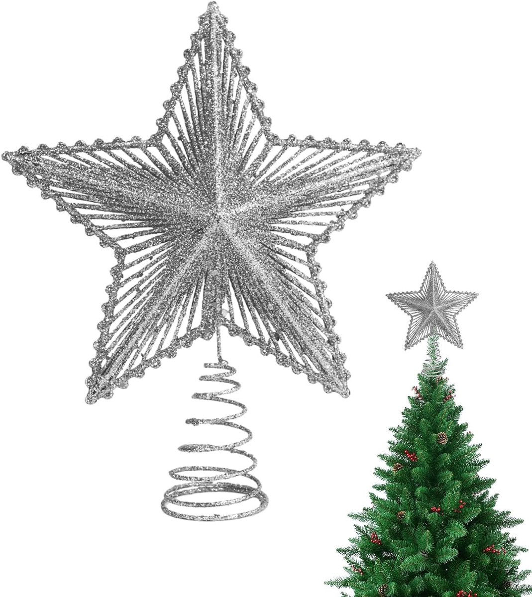 Tip kerstboom, ster, glitter, kerstboom, topper, decoratie voor kerstboom, ster, decoraties, herbruikbaar, glitter, ster, feest, kerstboom, decoratie voor vakantie, zilver