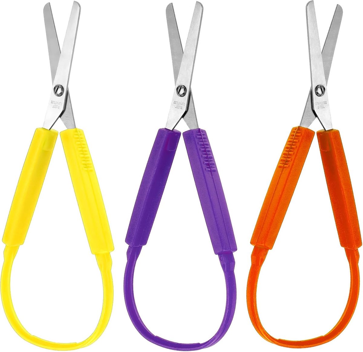 3 stuks adaptief ontwerp schaar 14 cm kleurrijke handgreep zelfopenende veiligheidsschaar voor kinderen kinderen scholen speciale behoefte (geel, oranje, paars)