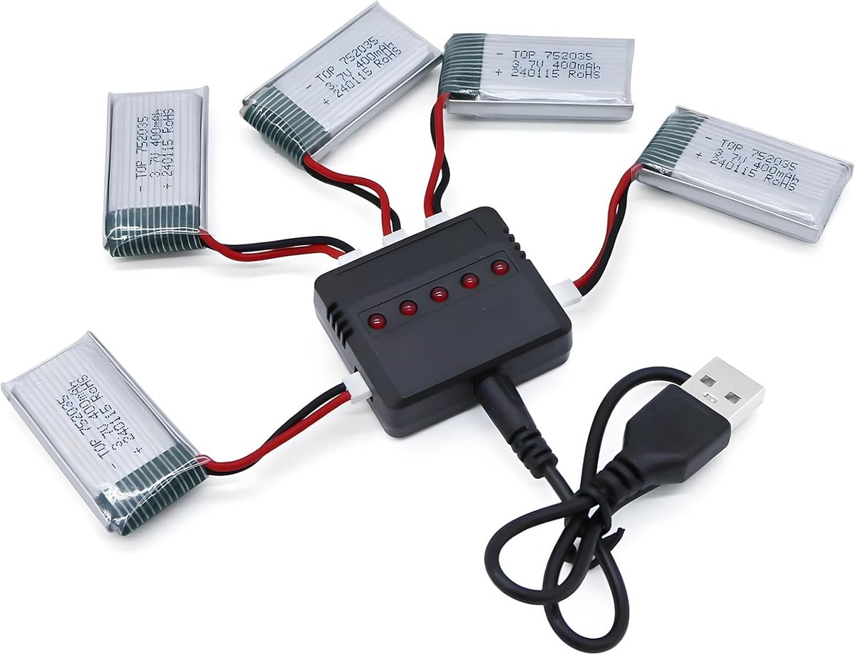 Lipo batterij 3.7V 400mAh - oplaadbare RC batterij - 5 stuks met 5-in-1 USB oplader - ideaal voor drones - SnelShoppen