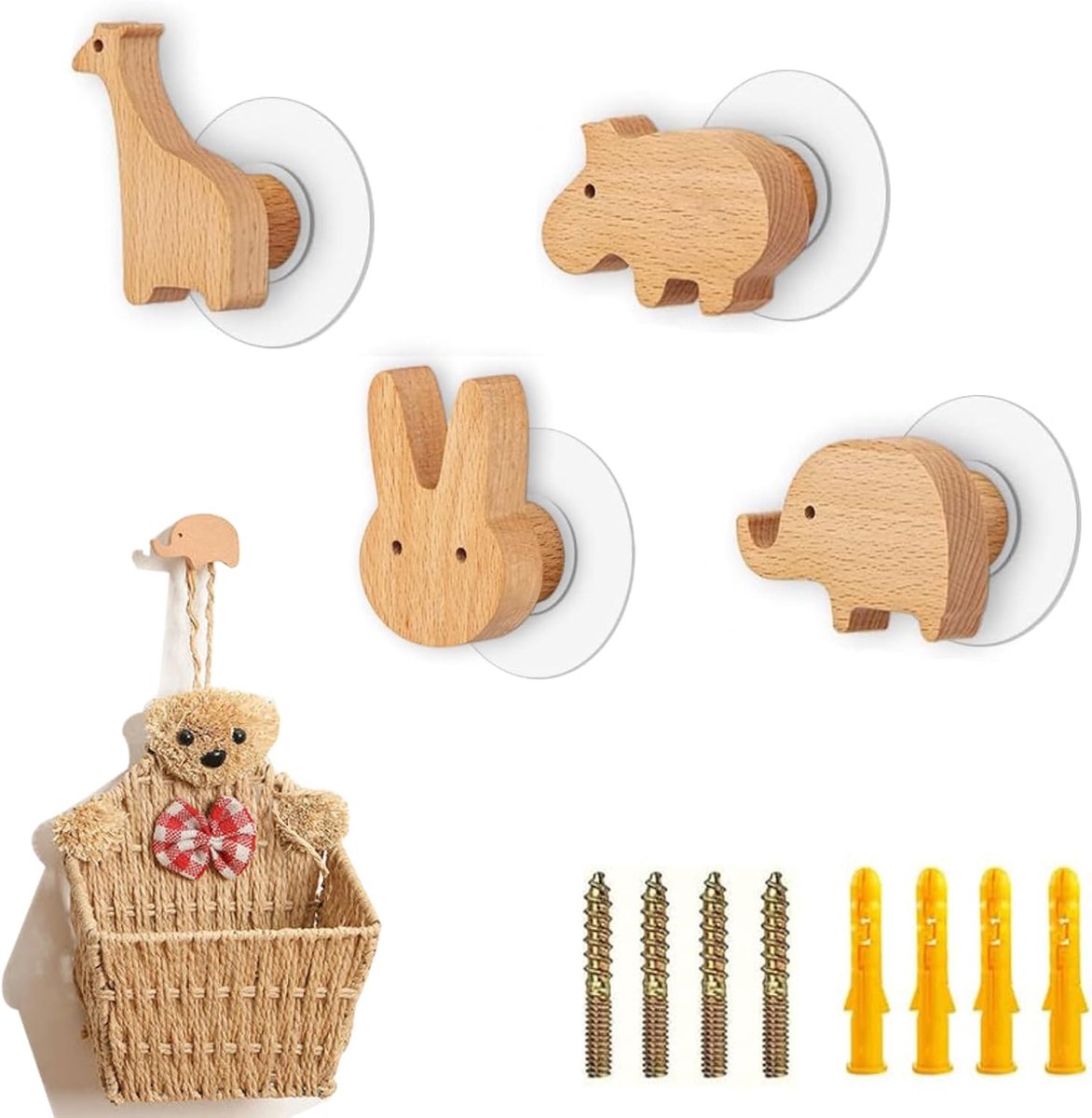 4 stuks wandhaken voor kinderen, wandkapstok van hout in dierenvorm, voor kast, keuken, badkamer, slaapkamer | Houten knoppen met diermotieven, houten ladegreep, 2-in-1 zelfklevend, meubelknoppen met schroeven