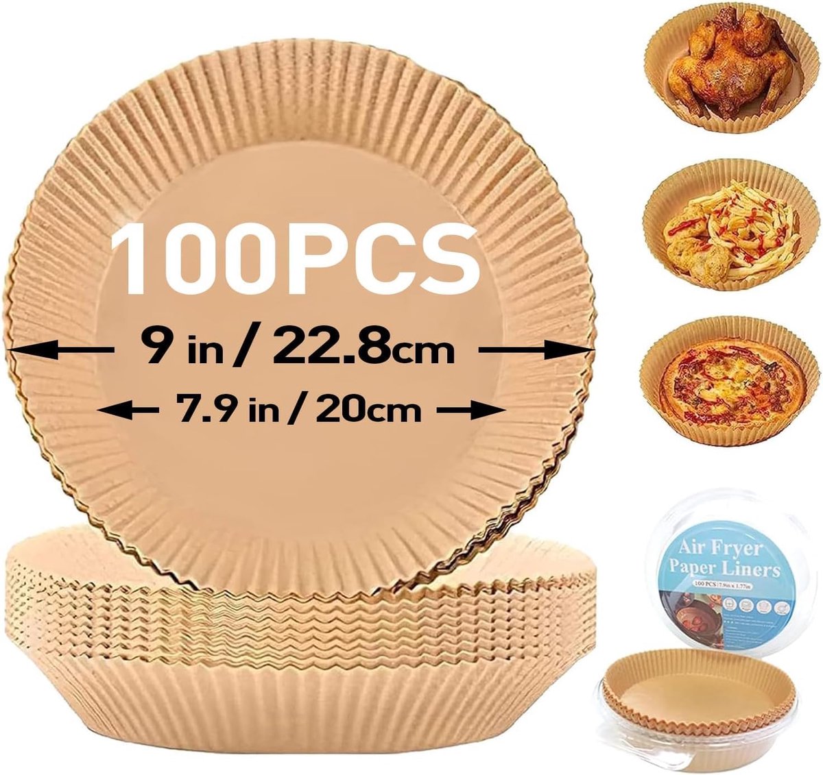 - 100 stuks Wegwerp Bakjes, Bakpapier voor Airfryer, Rond Perkamentpapier, Vetafstotend, Wegwerp Papieren Voering, voor 5,0-6,0 l Airfryer, Oven, Pannen, Magnetron (20 cm)
