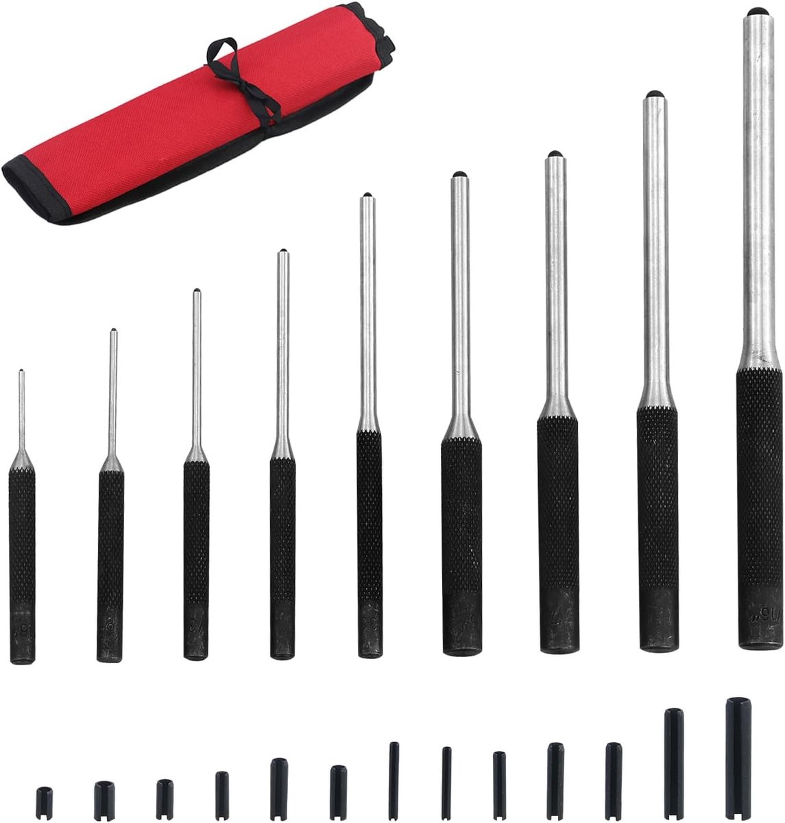 9-delige splintdriver set 1/16 inch, 5/16 inch, punch tool, rolpin punch set, doorslag, met opbergtas en 13 stuks holle veerpennen, voor hout, kunststof leer