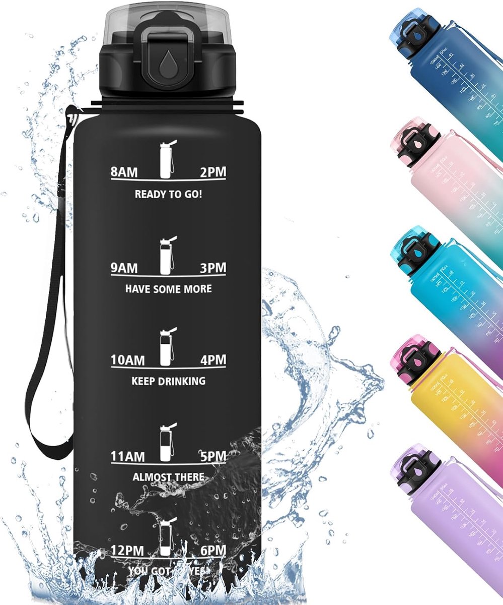 Sportdrinkfles 1,5 l, lekvrij, motiverende sportfles, met filter, voor school, kantoor, studio, fitness